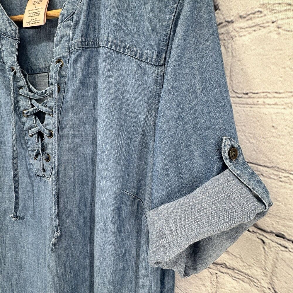 Philosophy Shift Dress L Blue Chambray Lace Up Boho Coastal Lagenlook - Picture 3 of 15